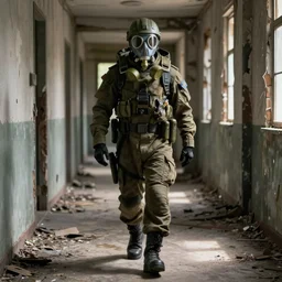 a cyborg gasmask corporal walking through a dilapidated corridor, film still, cinematic