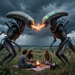 dragon breath fire opal, still frame from'venus xenomorphs picnic in storm'movie by rembrandt, xenomorphs in stormy venus landscape by malczewski, rural xenomorphs on landscape by jakub rozalski, xenomorphs on picnic by giger