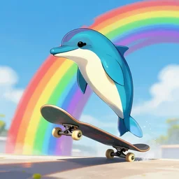 dolphine skateboarding on a rainbow