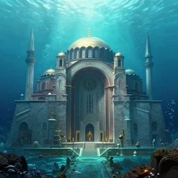 a beautiful digital illustration of a futuristic underwater city by beeple | Byzantine architecture | cinematic | unreal engine | octane | photorealistic | horizontal symmetry