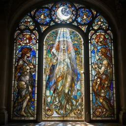 door to reality and desperation, stained glass masterpiece,  cinematic, powerful, moon beams dramatic light, highly, intricate elements, hollow souls, detailed, digital painting, artstation, concept art, sharp focus, illustration, art by artgerm and greg rutkowski and alphonse mucha, elaborate composition, intricate story