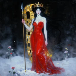 a painting of a tall pale woman with very black hair with a spear in her hand and a crown on her head, red dress, snow landscape with flowers, digital art, light art, neon, triadic - colors, tones of black in background, high contrast, angelic, shiny, soft body, damascus steel, gold, snow, fog, mist, artstation, by gustav klimt