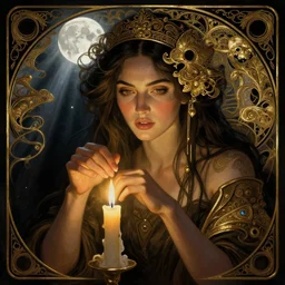 masterpiece of megan fox with beautiful hands close to a candle in dark room,  cinematic, powerful, moon beams dramatic light, highly, intricate gold elements, hollow souls, detailed, digital painting, artstation, concept art, sharp focus, illustration, art by artgerm and greg rutkowski and alphonse mucha
