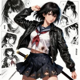 portrait of a beautiful! alluring anime woman wearing a 2 0 3 0's stained dirty torn japanese school uniform, gorgeous face, leather bomber jacket, katana scabbard, realistic, hyper detailed, dynamic action poses, concept art, in style junji ito, manga, anime aesthetic