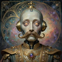 joyous hybrid human and robot face, reaching nirvana, goofy, silly, dmt, large metal mustache, muted colors, benevolent, nebula background, glowing eyes, detailed realistic surreal retro robot in full regal attire. face portrait. art nouveau, visionary, baroque, giant fractal details. vertical symmetry by zdzisław beksinski, highly detailed, realistic
