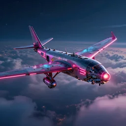 Cyberpunk mechanical airplane with neon lights flying in the clouds at night, cinematic