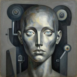 a portrait headshot of sci fi metallic human, bright eyes, melancholic complex geometric figure liminal machinery by oskar schlemmer, moebius, john berkey, cinema grain, oil on canvas, portrait facial head, featured on artstation, hd wallpaper
