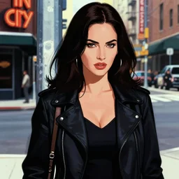 film still from sin city, closeup portrait of film noir megan fox private detective, standing on a blade runner street corner, detailed illustration, digital art, trending on artstation, frank miller, martin ansin, movie poster,