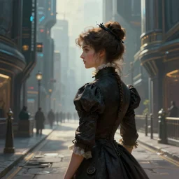 portrait of a victorian lady in a futuristic city, from behind, streets, beautiful, light rays, highly detailed, digital painting