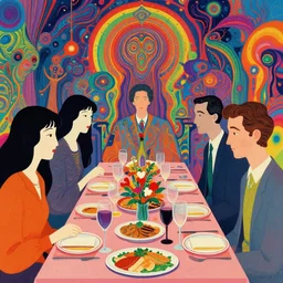 a colorful vibrant closeup portrait of a fancy dinner, lsd acid and dreaming psychedelic hallucinations, by kawase hasui, moebius, edward hopper and james gilleard, zdzislaw beksinski, steven outram colorful flat surreal design, hd, 8 k, artstation