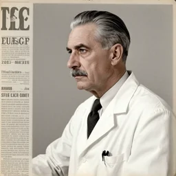 newspaper photo from 40s of a sidecut grey hair toupet mature stern looking slim medical doctor with mustache