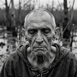 close - up portrait of one tired skinny old male in medieval clothes with an empty head in a swamp mud, cinestill 8 0 0 t 3 5 mm b & w, heavy grain, high quality, noir, natural textures, photorealistic, ambient occlusion, hd, ultra wide lens, anamorphic, detailed face by sebastao salgado