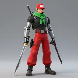 robot, android male humanoid looking, sword and rifle, red hat with white nameplate, black shirt, red trousers, green scarf, looking cool bro