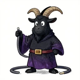 an anthropomorphic black goat wizard, rubber hose style, hand drawn cartoon