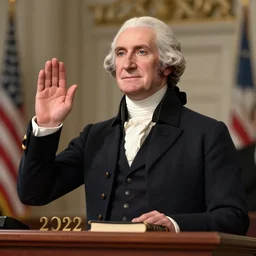 close render of george washington with hand on the bible, sworn into office, modern day, modern attire, 2 0 2 2, smiling, presidential inauguration, unreal engine, digital art, octane render, trending on artstation, raytracing