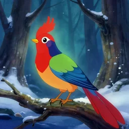 magical, supernatural fae bird in the winter woods. limited but vibrant palette, 2 d animation from the 2 0 1 0 s, backlighting, bold composition, depth of field, intricate details.