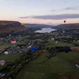 aerial photography, scotland, hot air balloon race, dusk