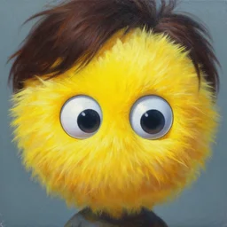 painting of a yellow furry ball with googly eyes and dark hair, trending on artstation, by greg rutkowski, dan mumford, rossdraws, thomas kinkade