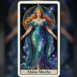a full body tarot card of triss merigold as the thicc empress of time, long and beautiful floor length nebula colored dress made of stars and stardust, emerald tiara and necklace, space, universe, portrait, highly detailed, deep focus, elegant, digital painting, smooth, sharp focus, ultra realistic, 8 k, art by artgerm and alphonse mucha