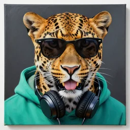 a photorealistic canvas painting of a leopard wearing black sunglasses, a teal green hoodie and headphones around his neck. tongue visible. hyper detailed. this 4 k hd image is trending on artstation, featured on behance, well - rendered, extra crisp, features intricate detail, epic composition and the style of unreal engine.