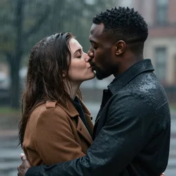 white woman and black man hugging and kissing in the rain. hyper realistic. photorealistic