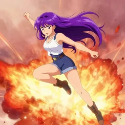 An anime still of Ana De Armas with long purple hair leaping through explosion by Stanley Artgerm Lau, WLOP, Rossdraws, James Jean, Andrei Riabovitchev, Marc Simonetti, and Sakimichan, trending on artstation
