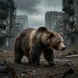 a bear wandering an abandoned city, steampunk, moody, atmospheric