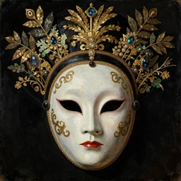 an alien geisha mask by h. r. geiger, pulp sci - fi art for omni magazine. decorated with ornate filigree and foliage. high contrast. baroque period, oil on canvas. renaissance masterpiece.