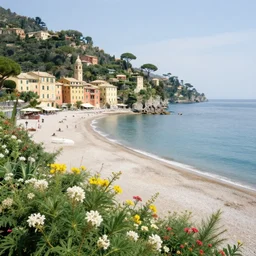 serene scene with focal depth of a seashore beach in Portofino, Italy by henri rousseau and DaVinci, beautiful flowers lush flora and fauna by James Jean orange and yellow tropical flowers, unreal engine, tropical paradise, mystical, sunset, cinematic, 22mm Sony DSLR