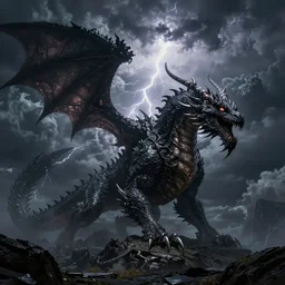 fantasy landscape and the great protector dragon, ominous, dark art, looming cloud, thunderstorm, lighting, extra - terrestial, sharp focus, insane details