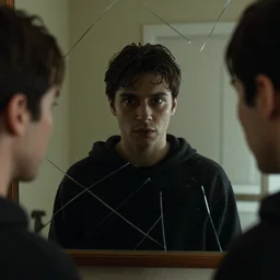 serial killer cult leader looking in broken mirror, centered on the camera, film still from horror documentary movie, 4k