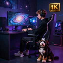a young male gamer sitting in gaming chair wearing a hoodie + neon rgb light strips, large computer monitor, galaxy themed room, cute bernedoodle puppy sitting at his feet, 4 k, award winning, octane render, volumetric lighting