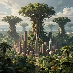 giant tree creatures building a city in the middle of the jungle ,style by dylan cole, digital art, matte painting, artstation, concept art