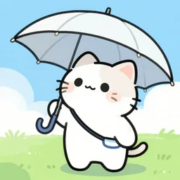 “Cute cartoon kitty wearing an umbrella looking up at the sky, cute, looking up, marker”