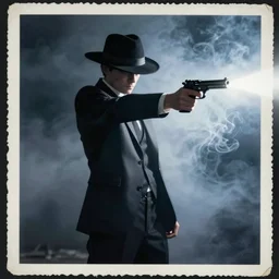 white light from right, mysterious man in black suit and black hat, he has a pistol, smoke, fog, mysterious, 4 k, highly detailed, digital art, strong shadows, high contrast, epic scene, atmospheric, blue colours, old photograph
