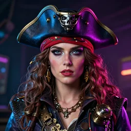 a head and shoulders portrait of a space pirate, neon, retro, steampunk, smooth, sharp focus, intricate, artstation, detailed concept art by Caravaggio and Greg Rutkowski and Alphonse Mucha and Norman Rockwell