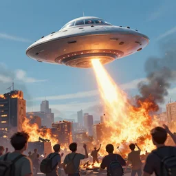 a picture of a flying saucer firing a death ray at a burning city, people panic, a detailed matte painting by mort kunstler, pixiv, kitsch movement, hellish background, movie poster, official art