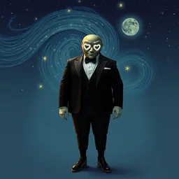 in the style of starry night, a tuxedo for a big man with small legs, heart shaped goden mask with white lights for eyes.
