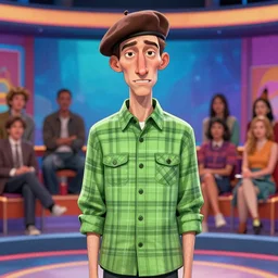 extremely detailed illustration of a thin guy with a big nose and an overbite wearing a brown beret and a palid green plaid shirt stand up participating on a tv show, coloful, vibrant colors, symmetrical, anatomically correct, Trending on Artstation, HQ, deviantart, ost grunge, concept art by josan gonzales and wlop, by james jean, Victo ngai, David Rubín, Mike Mignola, Laurie Greasley, highly detailed, sharp focus, alien, Trending on Artstation, HQ, deviantart, art by artgem