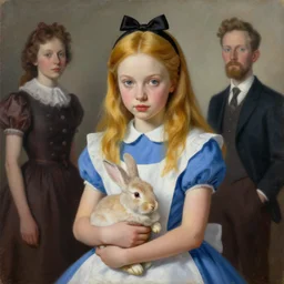pop surrealism, lowbrow art, realistic cute alice girl painting, holding a bunny, hyper realism, muted colours, rococo, natalie shau, loreta lux, tom bagshaw, mark ryden, trevor brown style,