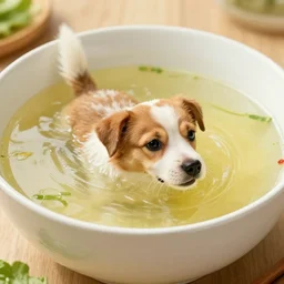 dog swimming in a bowl of soup, movie poster