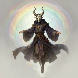 character concept art of wizard wearing horned mask flying inside a pale colored rainbow tornado, full body shot, fantasy painterly style, intricate details, artwork by ross tran, artgerm, eimbrodered clothing