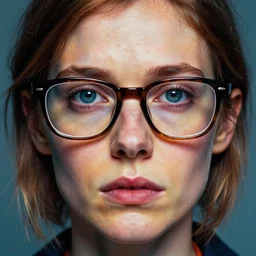 colored character study of female lars von trier, glasses, geek, todd solondz face and eyes | vivid colors : dramatic and emotional, concept design, realistic. by gabriel hardman, joe alves, j. todd anderson, chris bonura. cinematic atmosphere, detailed and intricate, perfect anatomy