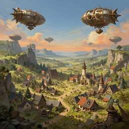 Medieval Village in a fantasy valley, with steampunk airships flying around, the sky is blue and orange, very detailed concept art, matte painting, digital art, concept art, realistic beautiful, trending on Artstation, Greg Rutkowski