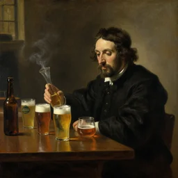 a drunk man standing behind a bar reviewing different beers in a smoky room, rembrandt, frans hals, oil on canvas