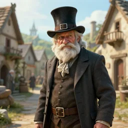 an old halfling wearing a suit and top hat in a medieval village, character art, D&D, high detail, trending on artstation, 4k photorealistic, volumetric lighting, HD