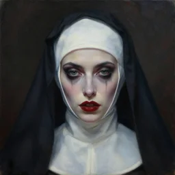 hyperrealistic artnouveau layers of fear portrait oil painting of a vampire nun fine delicate details dark and blurry colors in style of michael hussar and alexandermcqueen