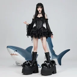 tall shark girl with large goth booths, photo realistic