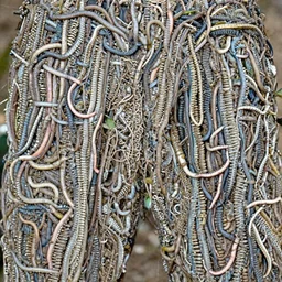 a model wearing pants made from worms covered in dirt