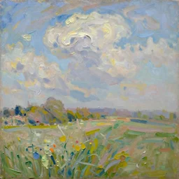 oil paint impasto reliefs summer sussex fields, atmospheric, painted with expressive paint and cumulus clouds, some splattered paint, in the style of monet and frank auerbach - n 9